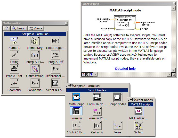 11.6.2. MATLAB használata LabVIEW-ból A MATLAB Script Node-ot a Mathematics» Script & Formulas» Script Nodes palettában található (11.28.