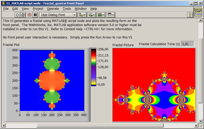 11.29. ábra A Script Node-ban lévő kódot futtató script server kiválasztása Az \examples\scriptnode\matlab script node - Fractal.vi gyári mintapélda előlapját (11.30. ábra), blokkdiagramját (11.31.