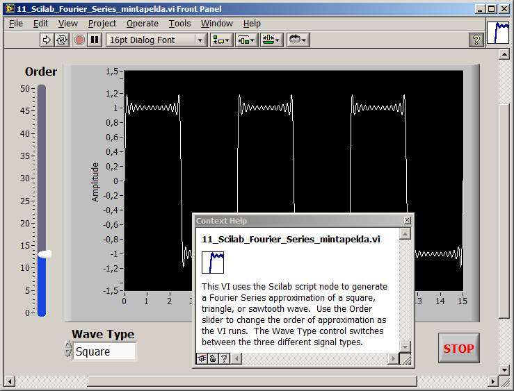 könyvtárban találjuk a LabVIEW to Scilab Gateway telepítésekor bemásolt mintapéldákat.