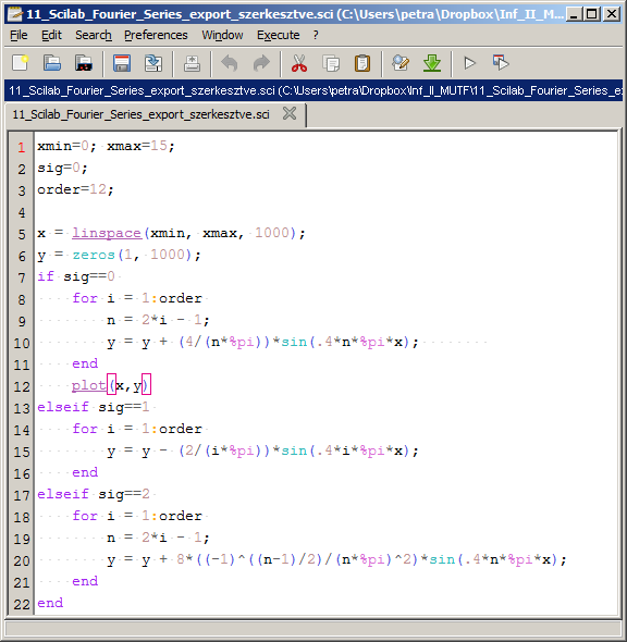 11.40. ábra Scilab Console A Scilab Fourier Series.vi script node-ból exportált kódot az 1-3. és 12. sorral kiegészíve a SciNotes szerkesztőben (11.41.