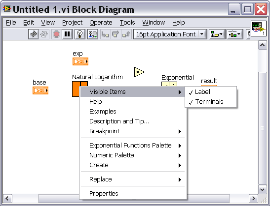 1.21. ábra A terminálok láthatóvá tétele Kössük tehát össze a eredmény e k itevő*ln(alap) (1.2) képletnek megfelelően a Block diagram-on elhelyezett elemeinket.