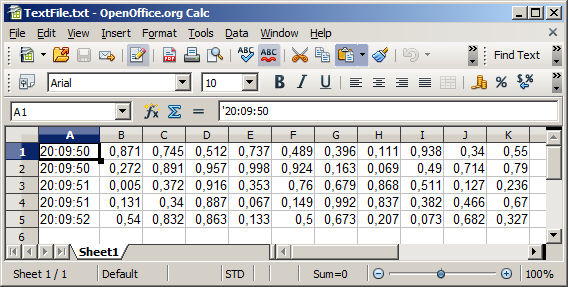 14.13. ábra Write to Text File.vi gyári mintapélda által készített szövegfile importálása táblázatkezelőbe (OpenOffice.org Calc) 14.14. ábra Write to Text File.vi gyári mintapélda által készített szövegfile táblázatkezelőben (OpenOffice.