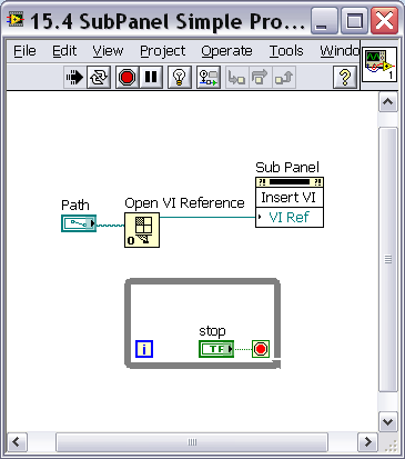 15.17. ábra SubPanel objektum programjának(1) Block diagram-ja Most már képesek vagyunk egy file elérési úttal megadott VI-t betölteni vagy a betöltöttségi állapotát megszüntetni.
