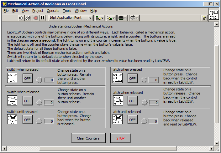 4.36. ábra Mechanical Action of Booleans.vi beépített mintapélda A mintaprogramot kijavíthatjuk a Stop gomb Switch működési módúvá alakításával. Érdemes kipróbálni mindhárom lehetőséget!