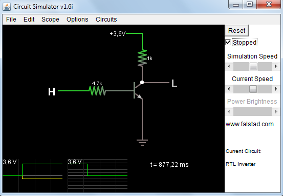 RTL Inverter szimulációja A http://www.falstad.com/circuit/ címen elérhető áramkör szimulátor segítségével vizsgáljuk a kapcsolás működését!