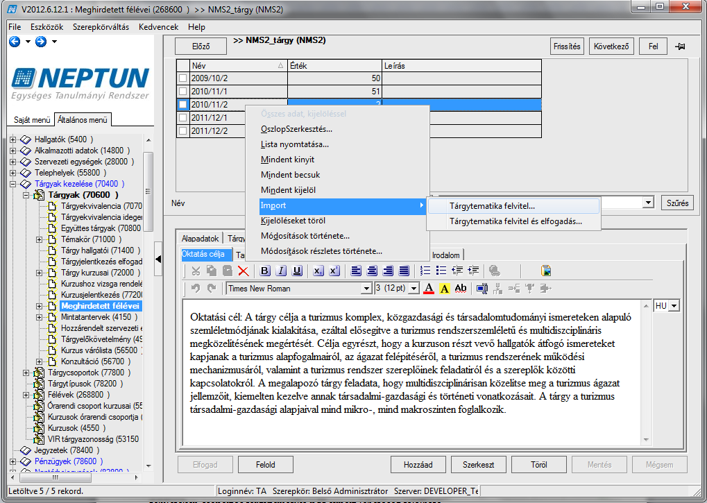 Tárgytematika import 5.2.1.