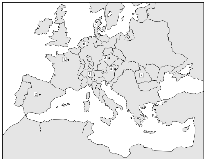 b) Azonosítsa a fent meghatározott helyszíneket a térképen! Írja a táblázatba a megfelelő sorszámot!