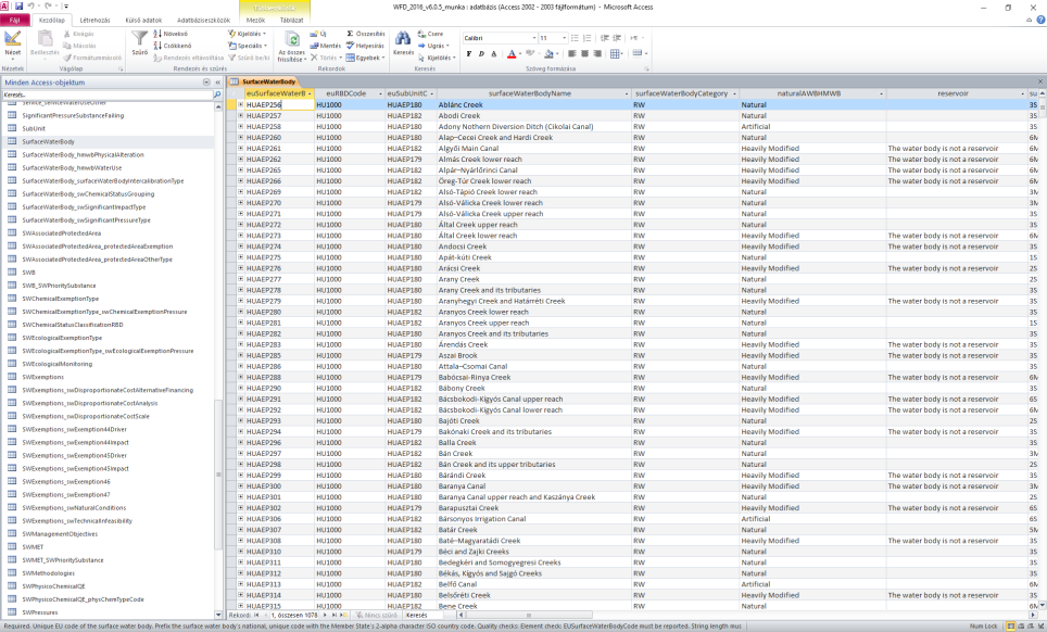 RBMP 2016 River Basin Management Plans Reporting Access adatbázis 129 db tábla, kitöltési sorrend kötött QA/QC