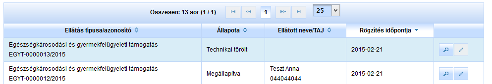 Most viszont adott ellátáshoz módosítást szeretnénk indítani, ezért amikor megadjuk a keresési feltételeket, és a listában megjelenik az ellátásunk, akkor a sor végén található nagyító ikonra