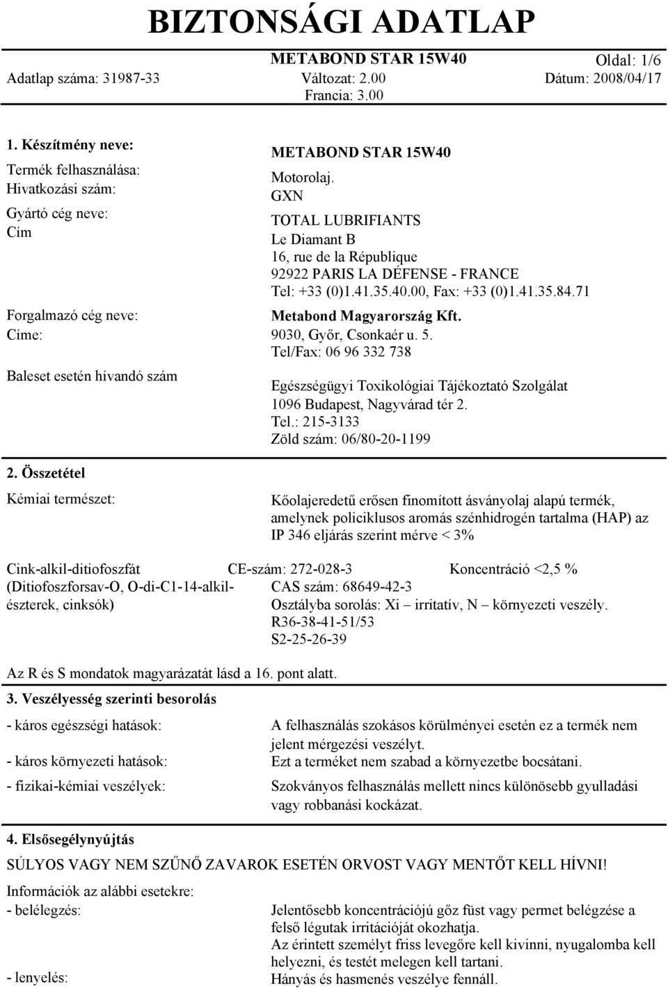 GXN TOTAL LUBRIFIANTS Le Diamant B 16, rue de la République 92922 PARIS LA DÉFENSE - FRANCE Tel: +33 (0)1.41.35.40.00, Fax: +33 (0)1.41.35.84.71 Metabond Magyarország Kft. 9030, Győr, Csonkaér u. 5.