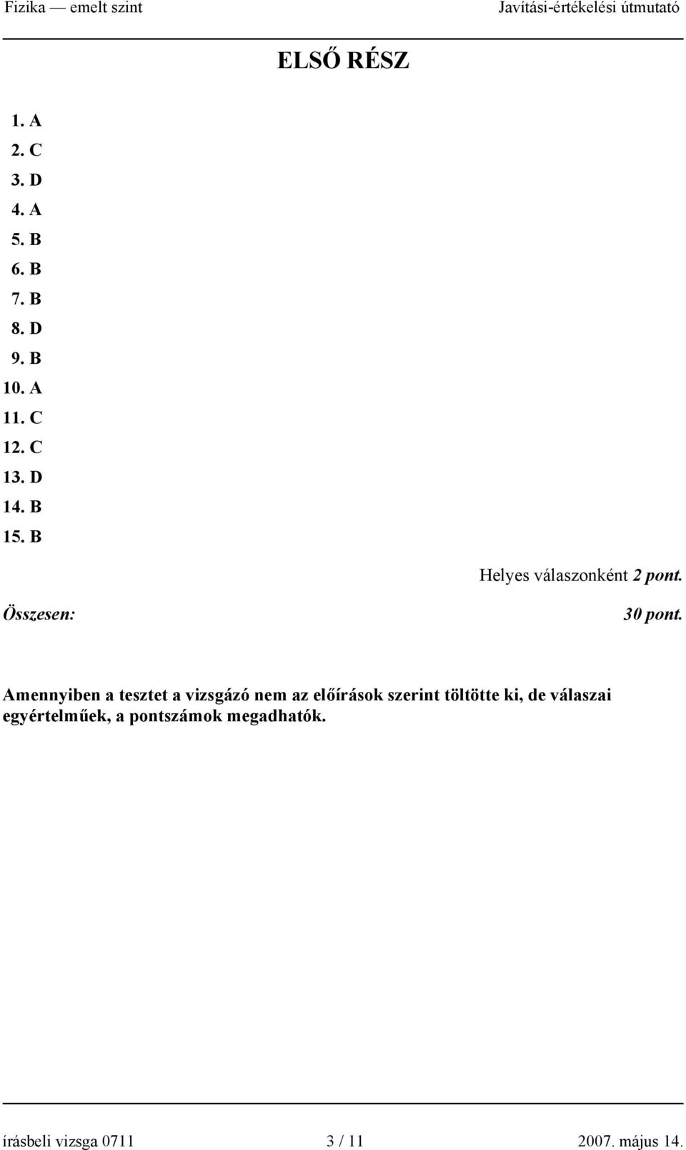 Amennyiben a tesztet a vizsgázó nem az előírások szerint töltötte ki, de