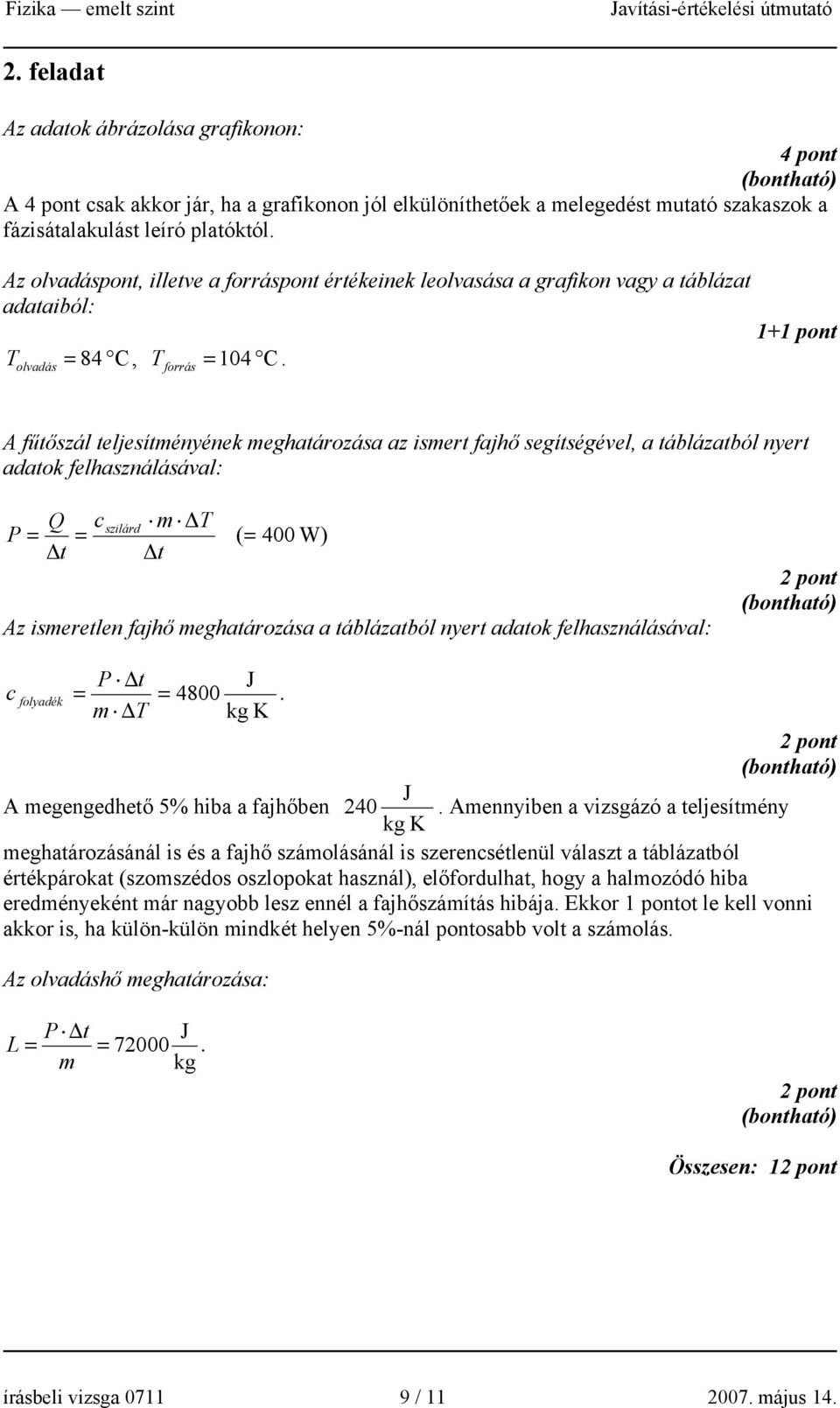 olvadás forrás 1+1 pont A fűtőszál teljesítményének meghatározása az ismert fajhő segítségével, a táblázatból nyert adatok felhasználásával: Q P = Δt c = szilárd m ΔT Δt (= 400 W) Az ismeretlen fajhő