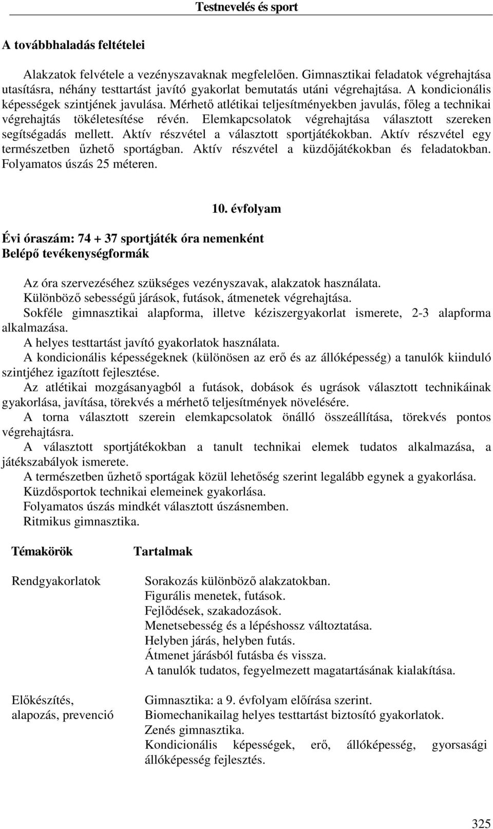 Elemkapcsolatok végrehajtása választott szereken segítségadás mellett. Aktív részvétel a választott sportjátékokban. Aktív részvétel egy természetben űzhető sportágban.