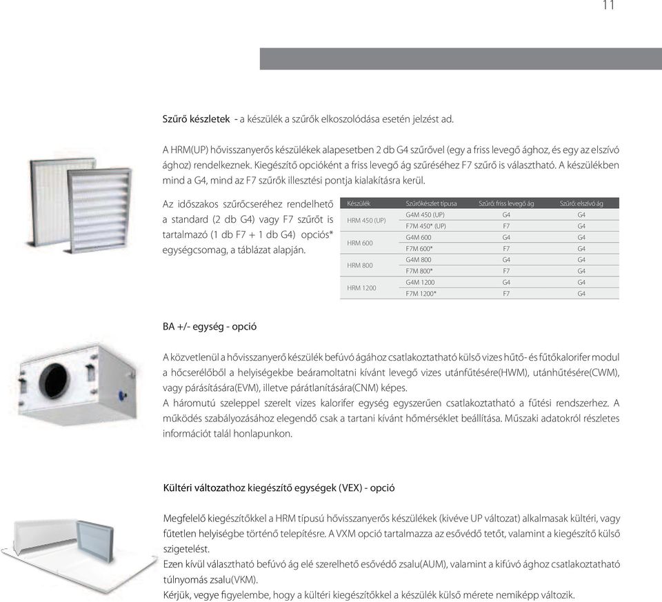 Az időszakos szűrőcseréhez rendelhető a standard ( db G) vagy F7 szűrőt is tartalmazó ( db F7 + db G) opciós* egységcsomag, a táblázat alapján.