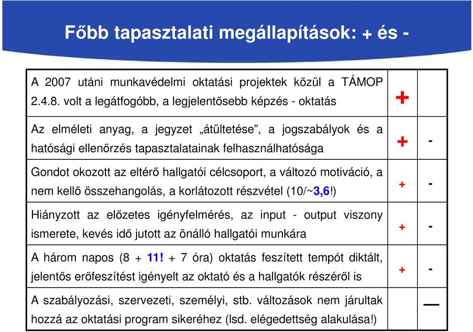 eltérő hallgatói célcsoport, a változó motiváció, a nem kellő összehangolás, a korlátozott részvétel (10/~3,6!