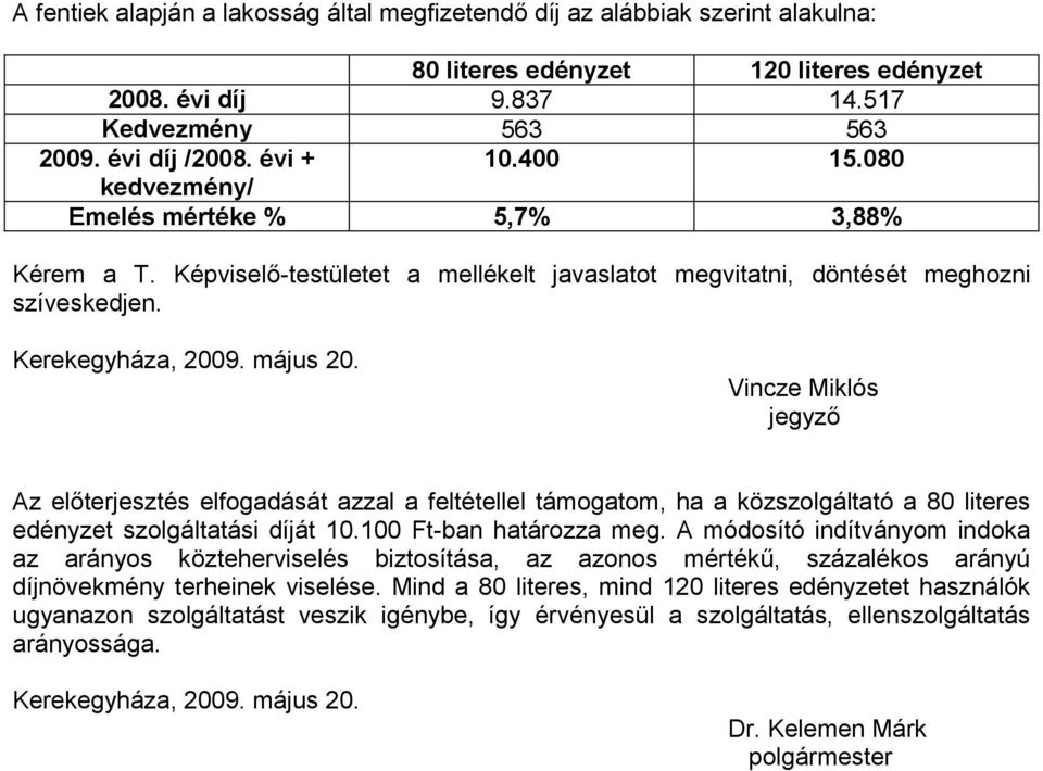 Vincze Miklós jegyző Az előterjesztés elfogadását azzal a feltétellel támogatom, ha a közszolgáltató a 80 literes edényzet szolgáltatási díját 10.100 Ft-ban határozza meg.