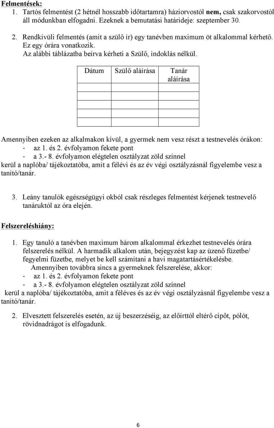 Dátum Szülő aláírása Tanár aláírása Amennyiben ezeken az alkalmakon kívül, a gyermek nem vesz részt a testnevelés órákon: - az 1. és 2. évfolyamon fekete pont - a 3.- 8.