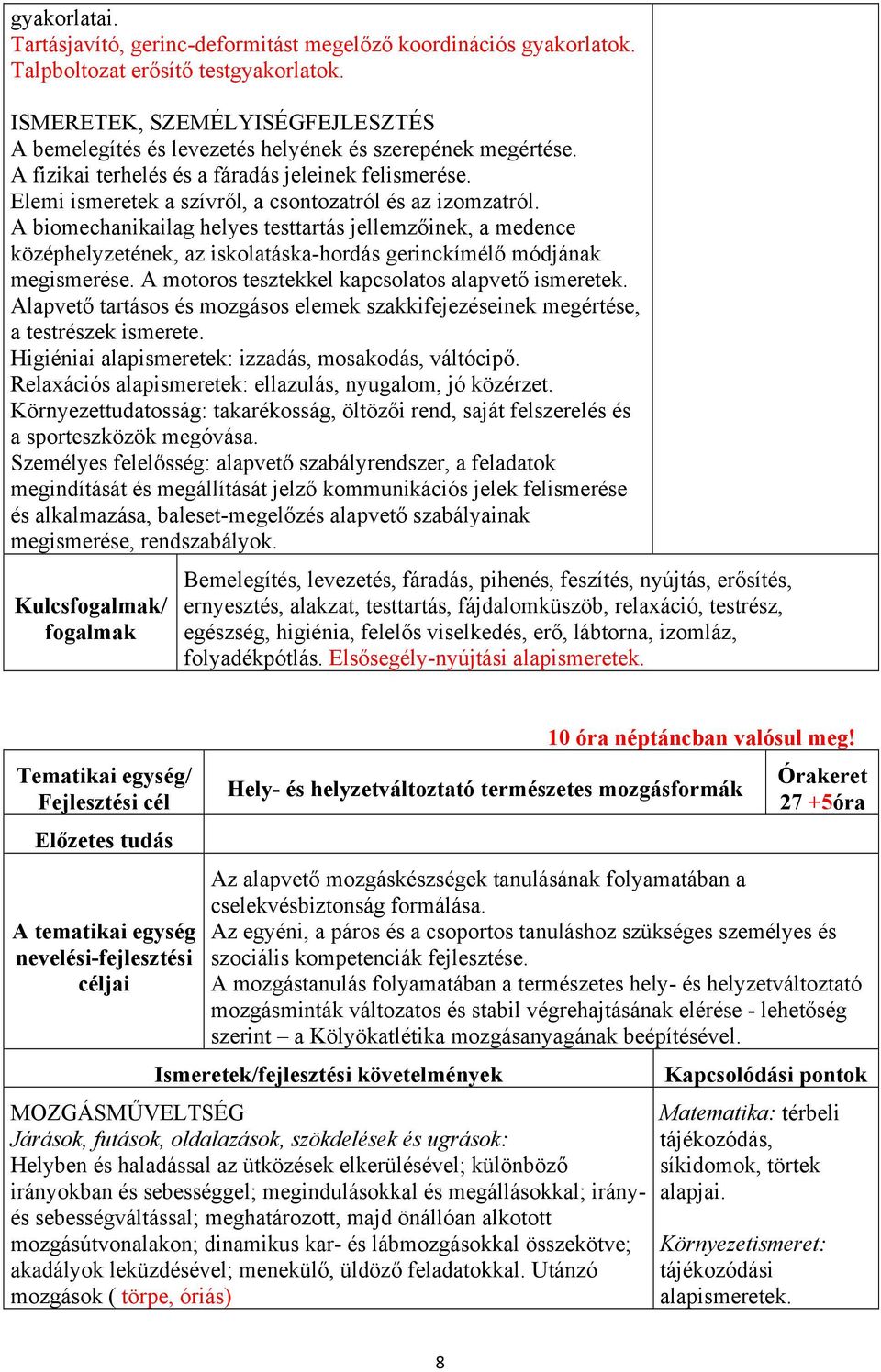 A biomechanikailag helyes testtartás jellemzőinek, a medence középhelyzetének, az iskolatáska-hordás gerinckímélő módjának megismerése. A motoros tesztekkel kapcsolatos alapvető ismeretek.