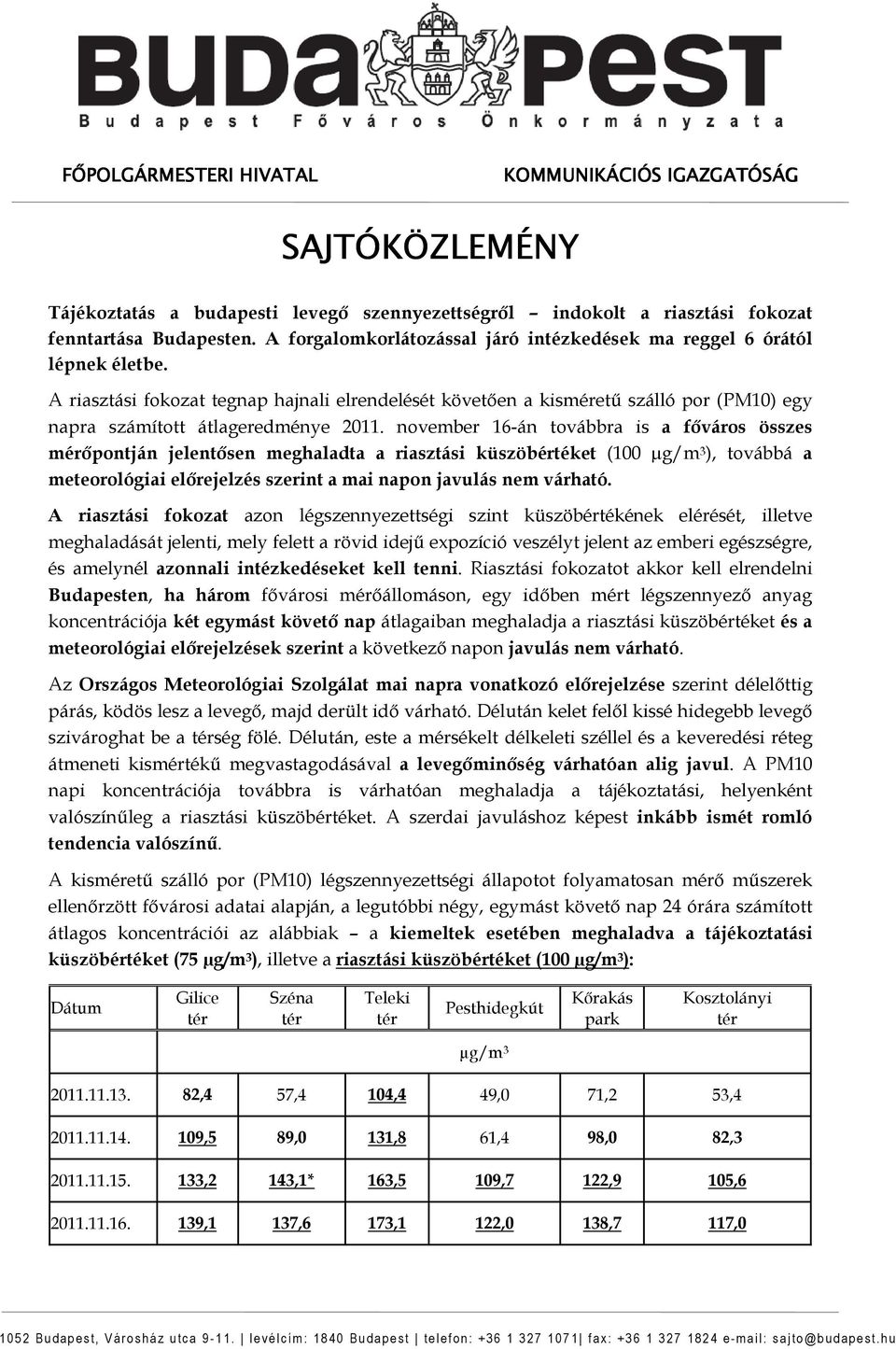 november 16-án továbbra is a fıváros összes mérıpontján jelentısen meghaladta a riasztási küszöbértéket (100 µg/m 3 ), továbbá a meteorológiai elırejelzés szerint a mai napon javulás nem várható.