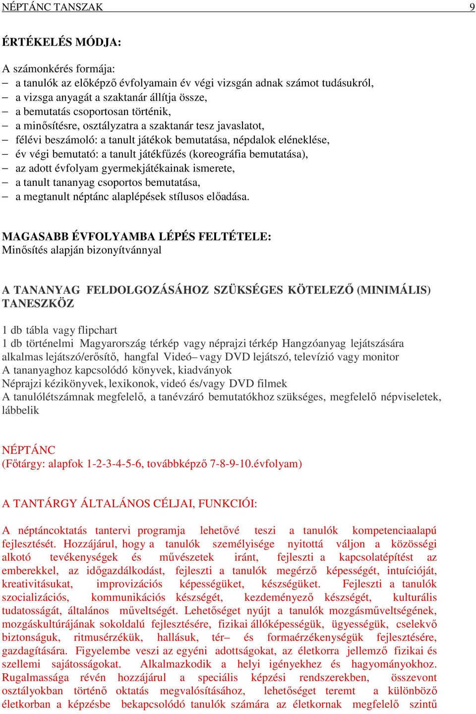 bemutatása), az adott évfolyam gyermekjátékainak ismerete, a tanult tananyag csoportos bemutatása, a megtanult néptánc alaplépések stílusos előadása.