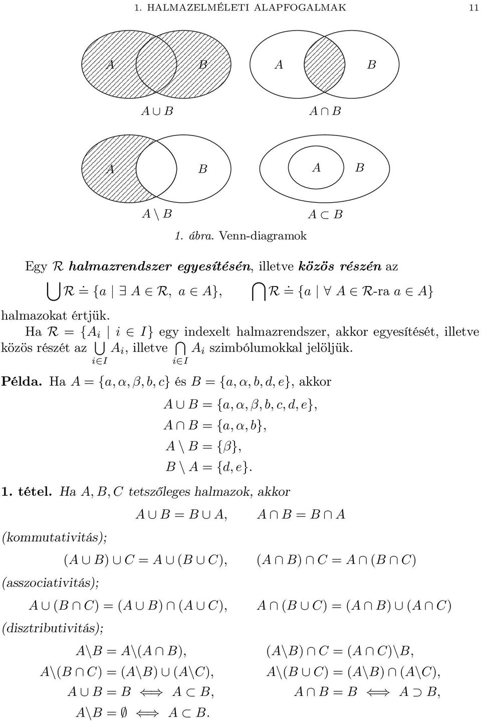 Ha A = {a, α, β, b, c} és B = {a, α, b, d, e}, akkor A B = {a, α, β, b, c, d, e}, A B = {a, α, b}, A \ B = {β}, B \ A = {d, e}.. tétel.