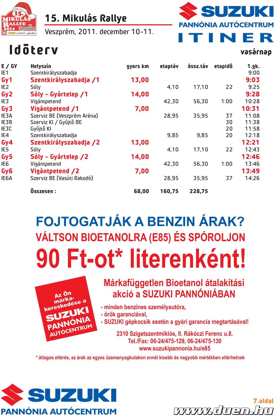 IE3A Szerviz BE (Veszprém Aréna) 2,95 35,95 37 11:0 IE3B Szerviz KI / Gyûjtõ BE 30 11:3 IE3C Gyûjtõ KI 20 11:5 IE4 Szentkirályszabadja 9,5 9,5 20 12:1 Gy4 Szentkirályszabadja /2 13,00 12:21 IE5 Sóly