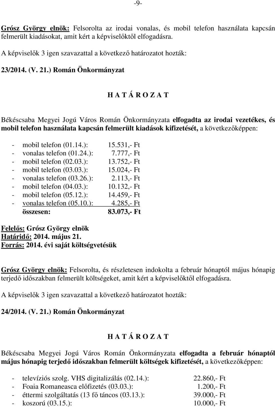 telefon (01.14.): 15.531,- Ft - vonalas telefon (01.24.): 7.777,- Ft - mobil telefon (02.03.): 13.752,- Ft - mobil telefon (03.03.): 15.024,- Ft - vonalas telefon (03.26.): 2.