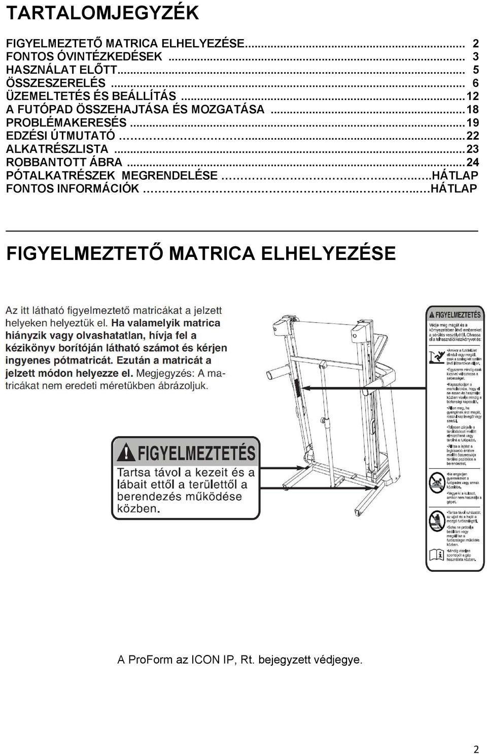 ..18 PROBLÉMAKERESÉS...19 EDZÉSI ÚTMUTATÓ...22 ALKATRÉSZLISTA...23 ROBBANTOTT ÁBRA.