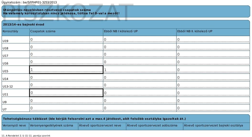 kötelező UP U19 U18 U17 U16 U15 U14 U13-12 U11 U9 U7 1 1 0 Tehetségbónusz táblázat (Ide kérjük felsorolni azt a max.