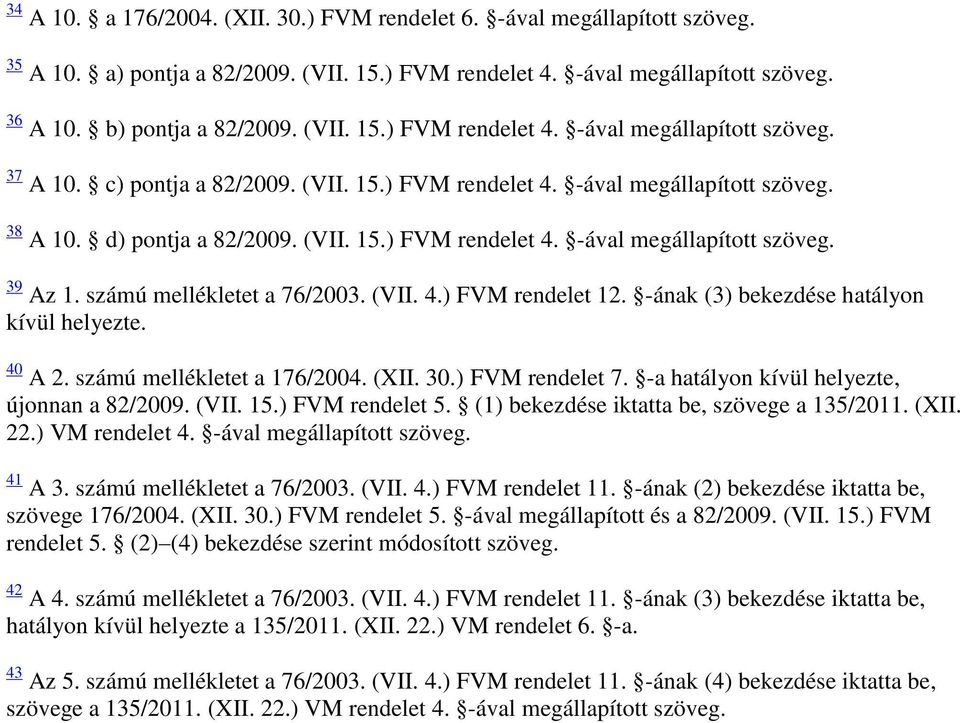 (VII. 4.) FVM rendelet 12. -ának (3) bekezdése hatályon kívül 40 A 2. számú mellékletet a 176/2004. (XII. 30.) FVM rendelet 7. -a hatályon kívül helyezte, újonnan a 82/2009. (VII. 15.) FVM rendelet 5.