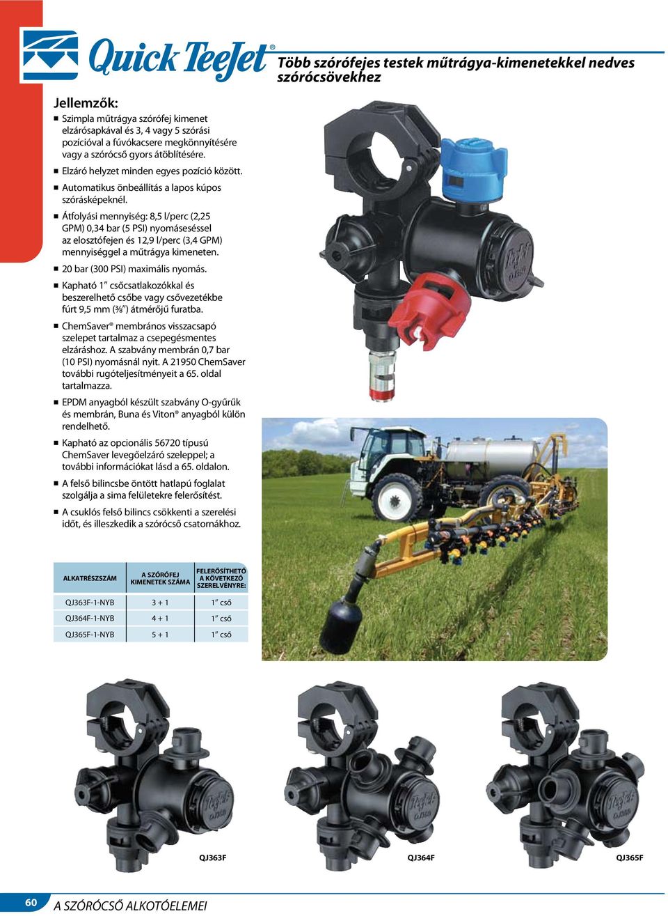 n Átfolyási mennyiség: 8,5 l/perc (2,25 GPM) 0,34 bar (5 PSI) nyomáseséssel az elosztófejen és 12,9 l/perc (3,4 GPM) mennyiséggel a műtrágya kimeneten. n 20 bar (300 PSI) maximális nyomás.