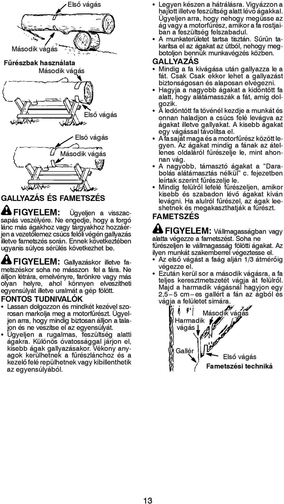 FIGYELEM: Gallyazáskor illetve fametszéskor soha ne másszon fel a fára.