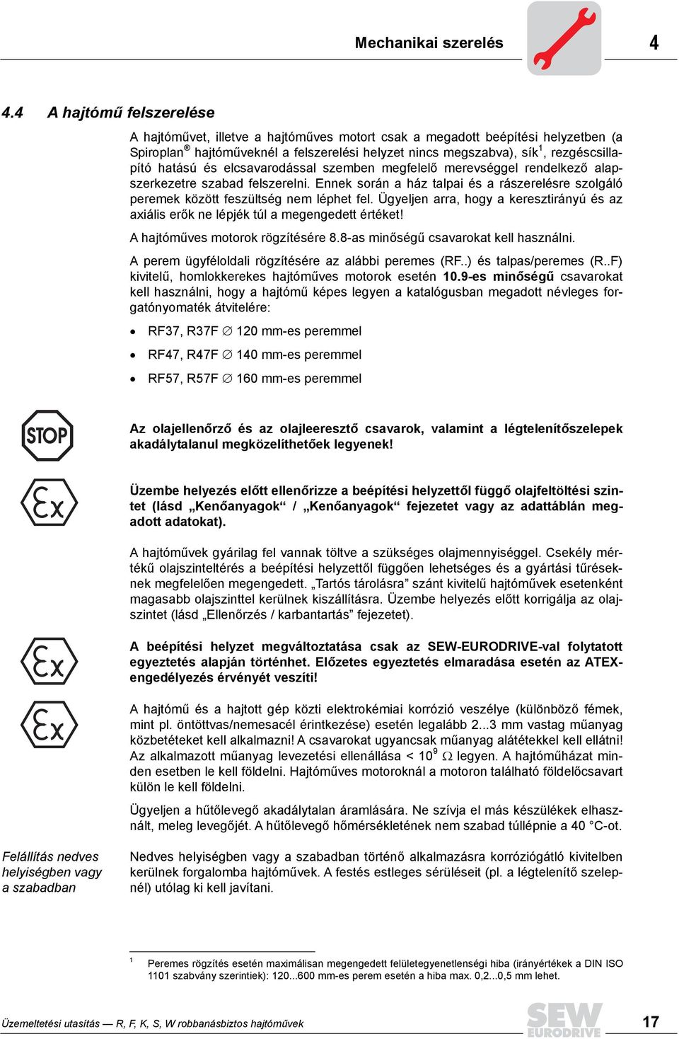 hatású és elcsavarodással szemben megfelelő merevséggel rendelkező alapszerkezetre szabad felszerelni. Ennek során a ház talpai és a rászerelésre szolgáló peremek között feszültség nem léphet fel.