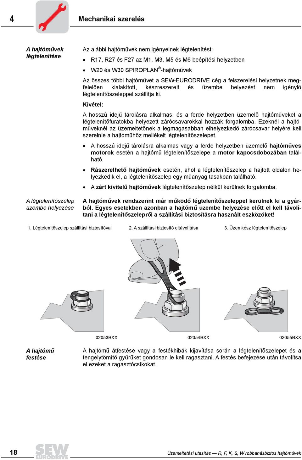 szállítja ki. Kivétel: A hosszú idejű tárolásra alkalmas, és a ferde helyzetben üzemelő hajtóműveket a légtelenítőfuratokba helyezett zárócsavarokkal hozzák forgalomba.