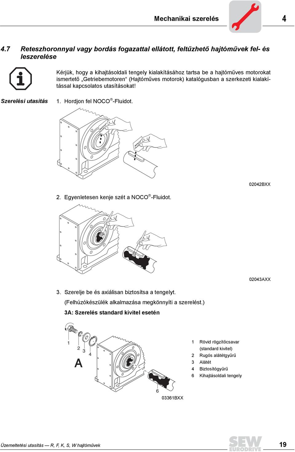 Getriebemotoren (Hajtóműves motorok) katalógusban a szerkezeti kialakítással kapcsolatos utasításokat! Szerelési utasítás 1. Hordjon fel NOCO -Fluidot. NOCO FLUI NOCO FLUI 02042BXX 2.