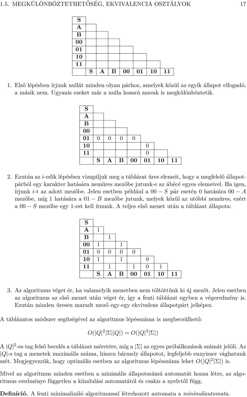 Ezután z i-edik lépésben vizsgáljuk meg táblázt üres elemeit, hogy megfelelő állpotpárból egy krkter htásár nemüres mezőbe jutunk-e z ábécé egyes elemeivel. H igen, írjunk i-t z dott mezőbe.