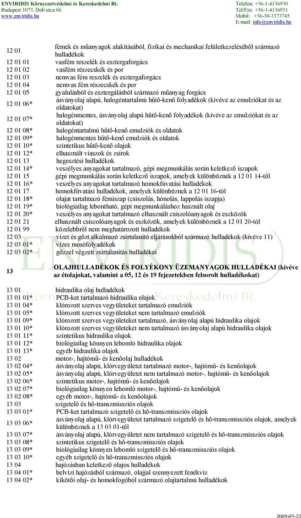 (kivéve az emulziókat és az 12 01 07* oldatokat) halogénmentes, ásványolaj alapú hűtő-kenő folyadékok (kivéve az emulziókat és az oldatokat) 12 01 08* halogéntartalmú hűtő-kenő emulziók és oldatok 12