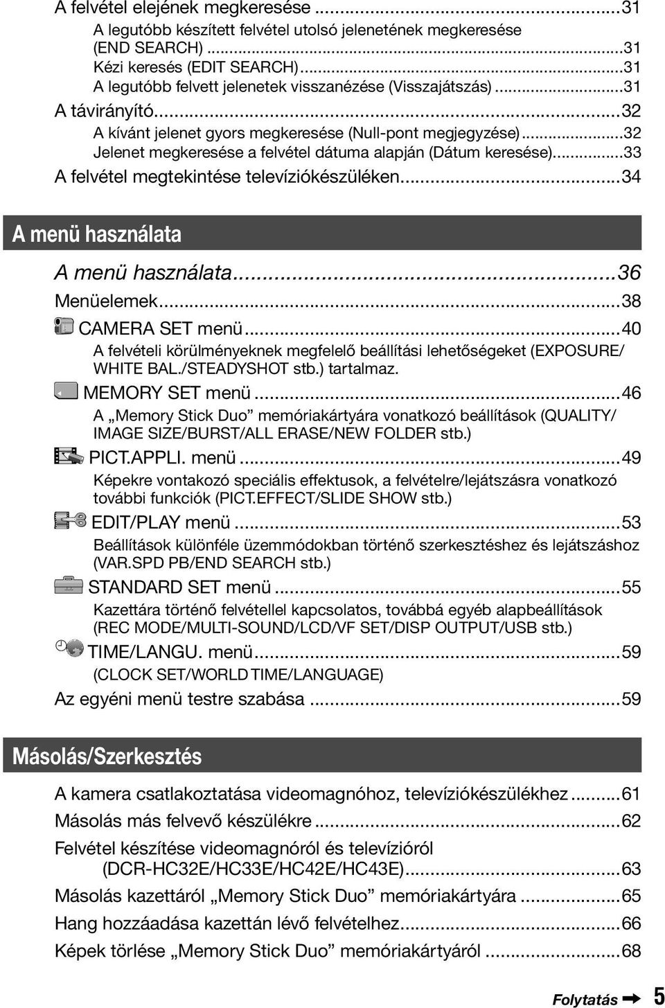 ..32 Jelenet megkeresése a felvétel dátuma alapján (Dátum keresése)...33 A felvétel megtekintése televíziókészüléken...34 A menü használata A menü használata...36 Menüelemek...38 CAMERA SET menü.