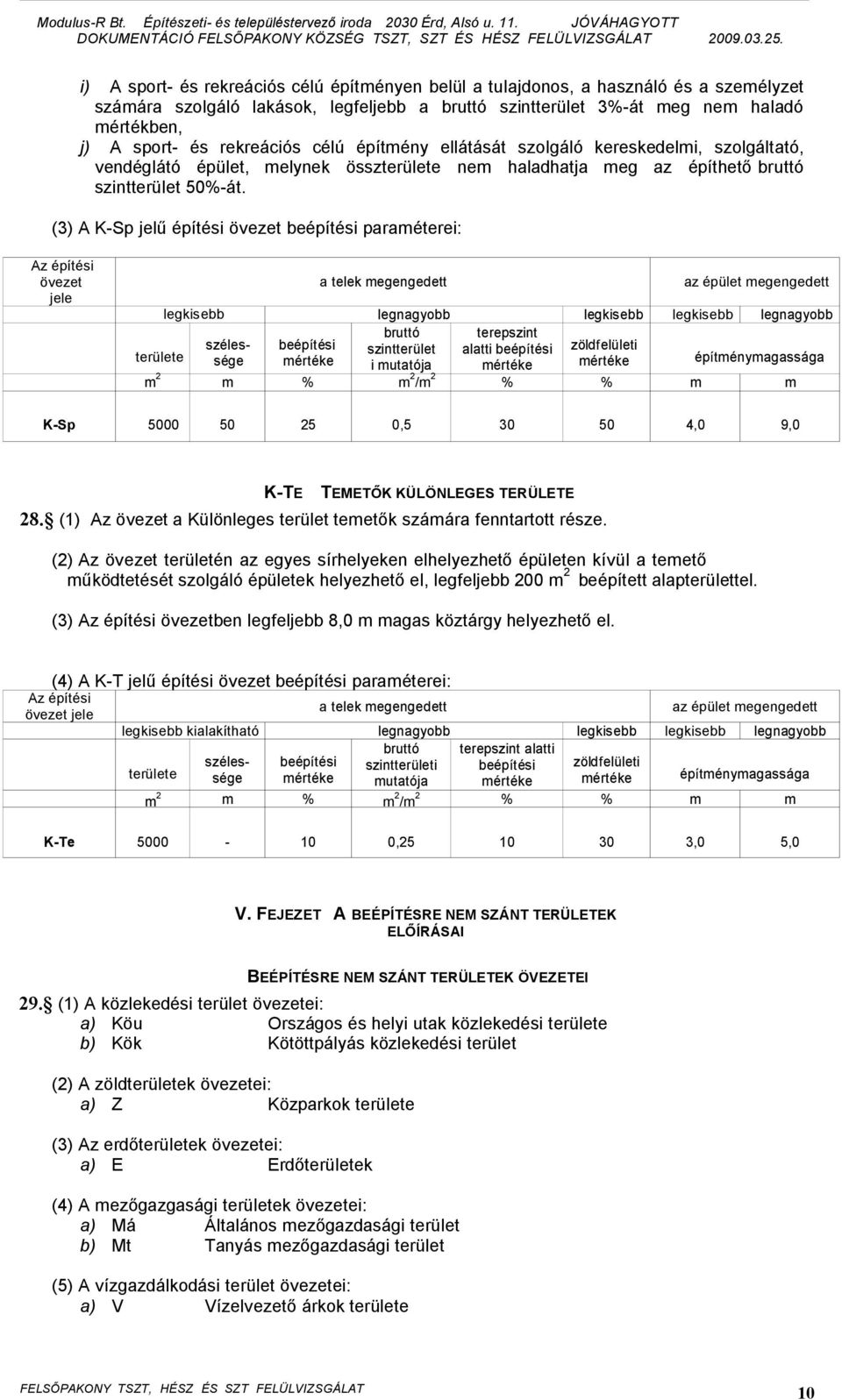 (3) A K-Sp jelű építési övezet beépítési paraméterei: Az építési övezet jele legkisebb kialakítható szélesterülete sége beépítési mértéke a telek megengedett az épület megengedett legnagyobb