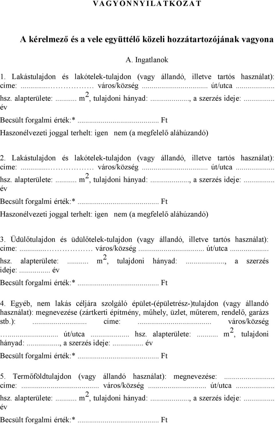 Lakástulajdon és lakótelek-tulajdon (vagy állandó, illetve tartós használat): címe:... város/község... út/utca... hsz. alapterülete:... m 2, tulajdoni hányad:..., a szerzés ideje:.