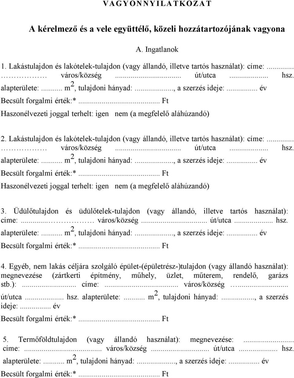 Lakástulajdon és lakótelek-tulajdon (vagy állandó, illetve tartós használat): címe:... város/község... út/utca... hsz. alapterülete:... m 2, tulajdoni hányad:..., a szerzés ideje:.