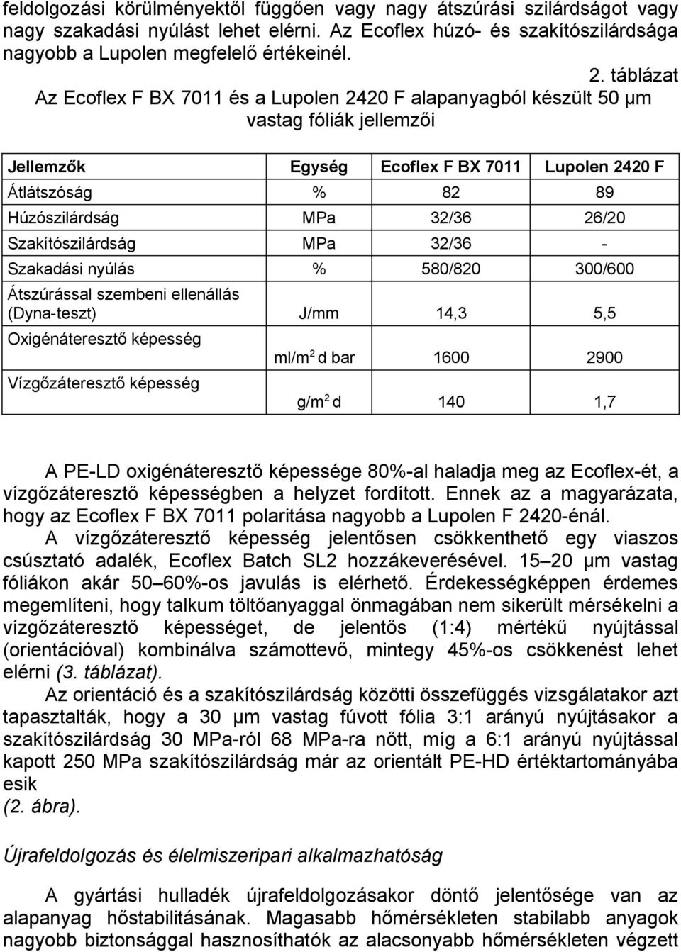 26/20 Szakítószilárdság MPa 32/36 - Szakadási nyúlás % 580/820 300/600 Átszúrással szembeni ellenállás (Dyna-teszt) J/mm 14,3 5,5 Oxigénáteresztő képesség Vízgőzáteresztő képesség ml/m 2 d bar 1600