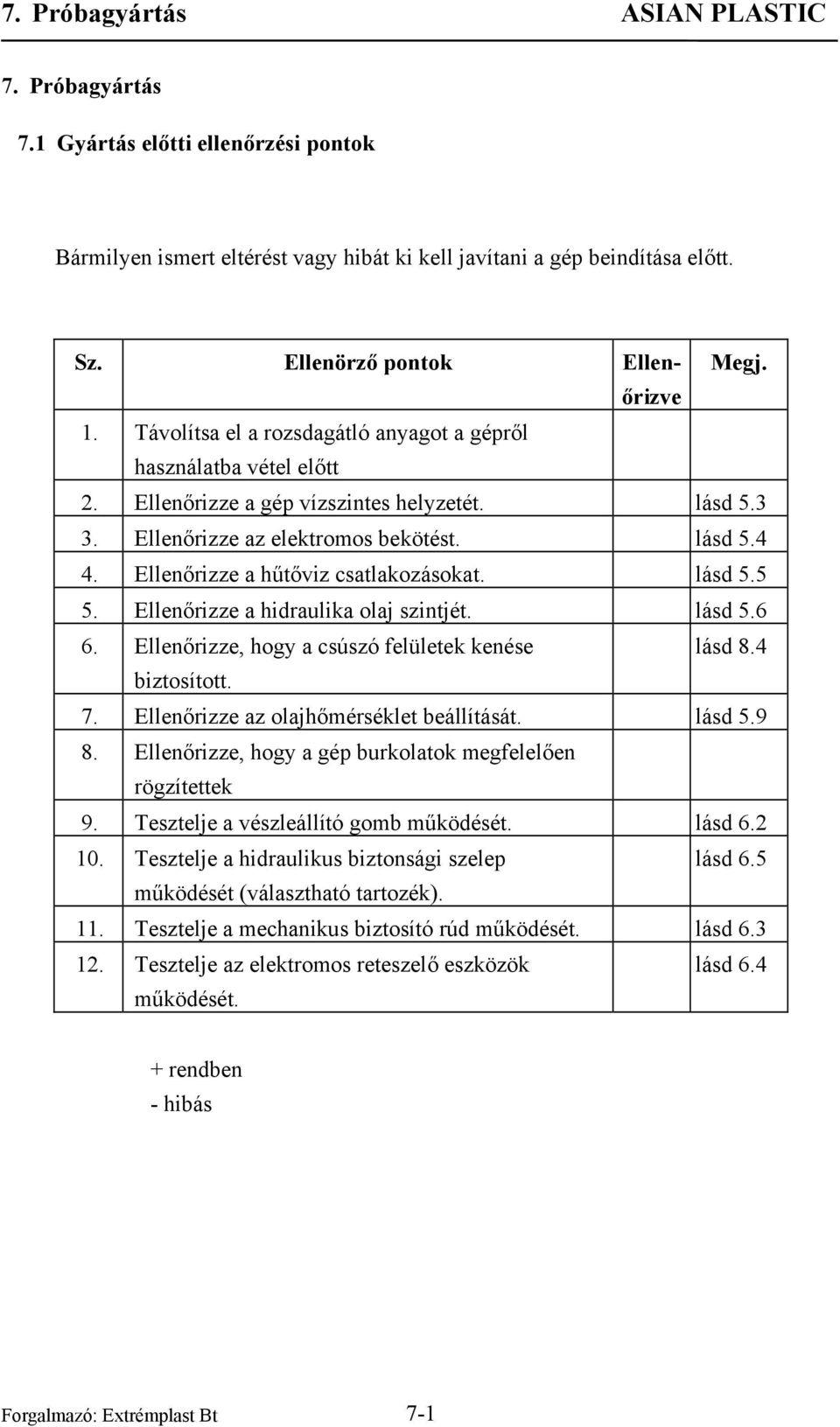 Ellenőrizze a hűtőviz csatlakozásokat. lásd 5.5 5. Ellenőrizze a hidraulika olaj szintjét. lásd 5.6 6. Ellenőrizze, hogy a csúszó felületek kenése lásd 8.4 biztosított. 7.