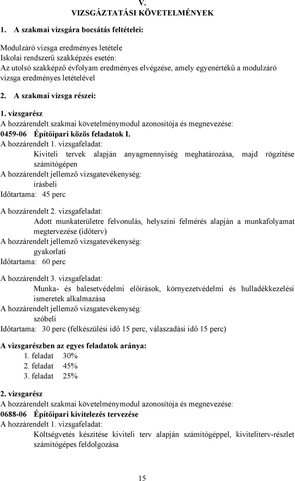 vizsga eredményes letételével 2. A szakmai vizsga részei: 1. vizsgarész A hozzárendelt szakmai követelménymodul azonosítója és megnevezése: 0459-06 Építőipari közös feladatok I. A hozzárendelt 1.