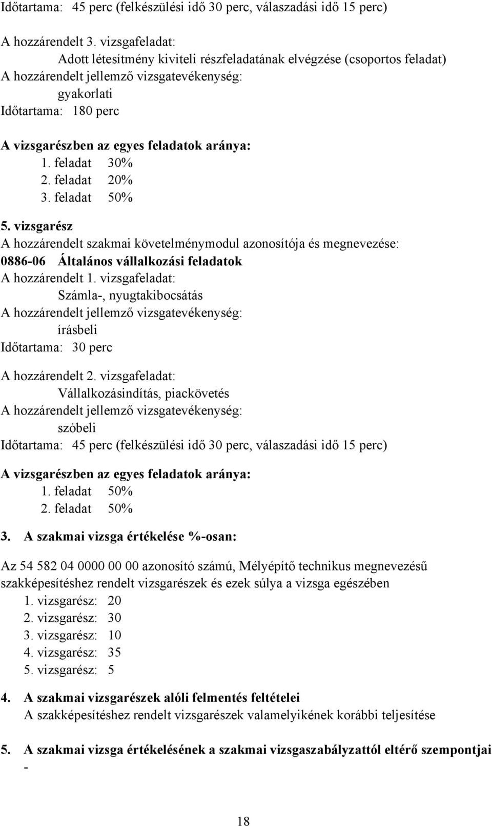 feladat 50% 5. vizsgarész A hozzárendelt szakmai követelménymodul azonosítója és megnevezése: 0886-06 Általános vállalkozási feladatok A hozzárendelt 1.