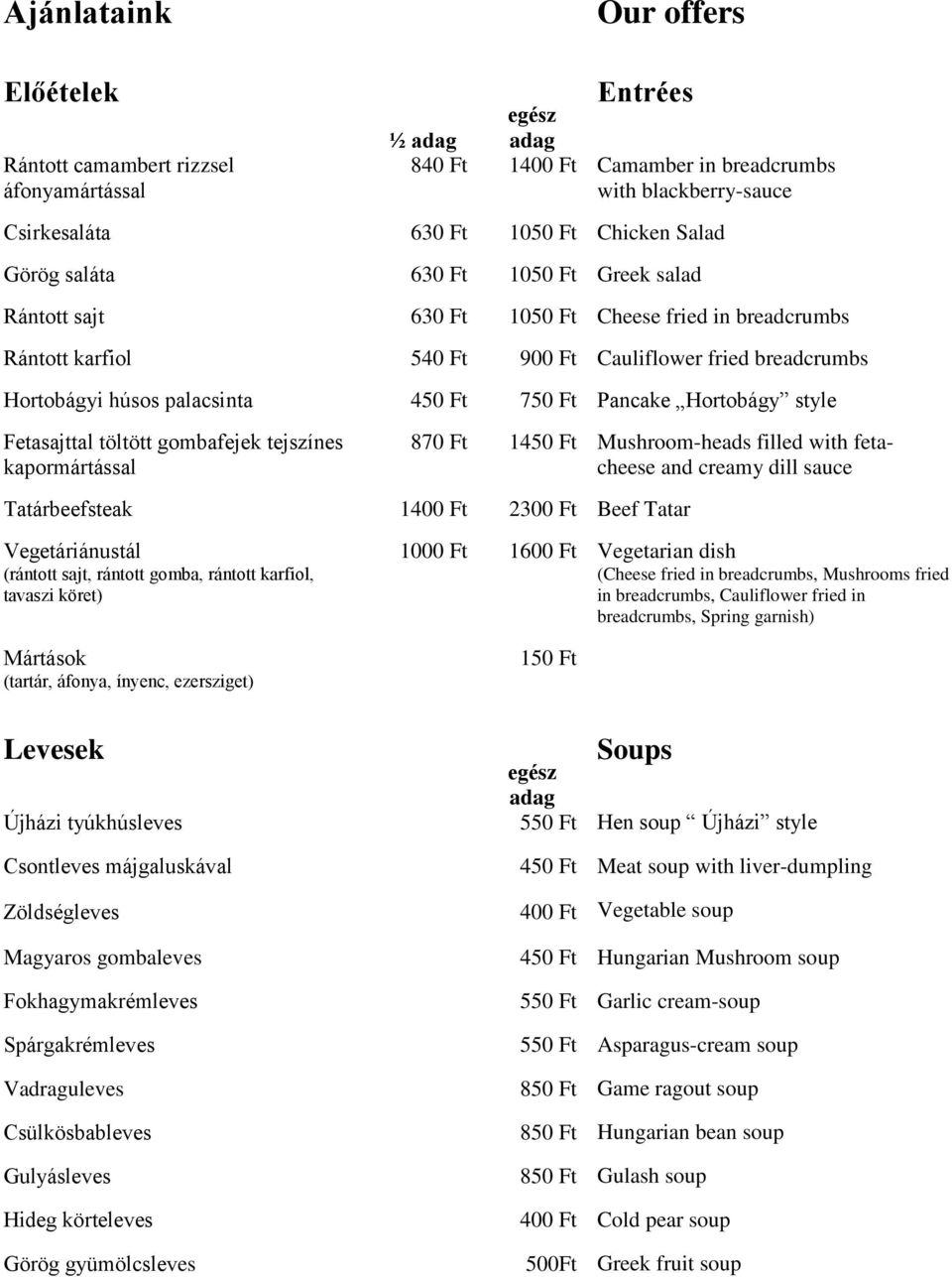 style Fetasajttal töltött gombafejek tejszínes kapormártással 870 Ft 1450 Ft Mushroom-heads filled with fetacheese and creamy dill Tatárbeefsteak 1400 Ft 2300 Ft Beef Tatar Vegetáriánustál (rántott