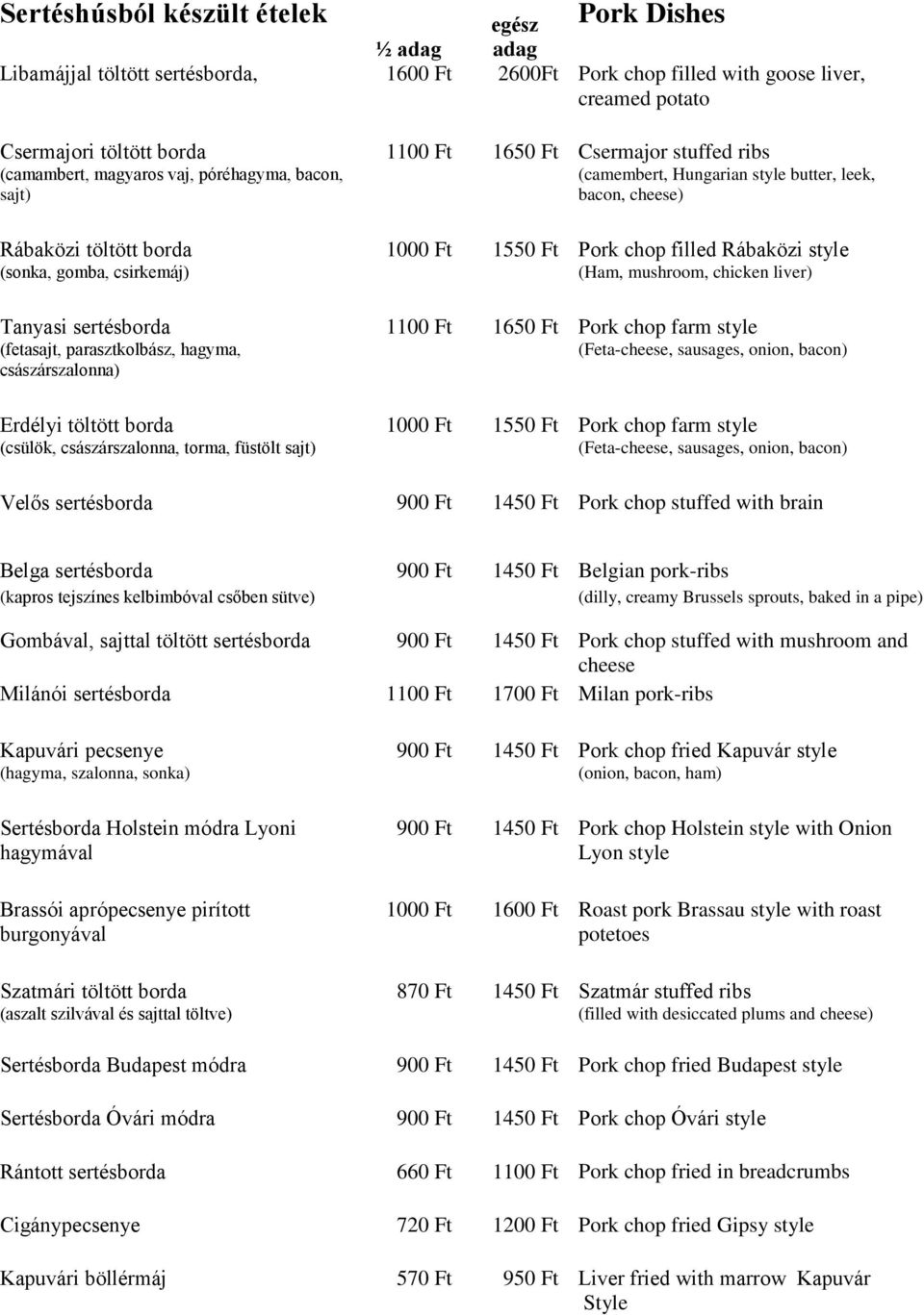 sajt) 1100 Ft 1650 Ft Csermajor stuffed ribs (camembert, Hungarian style butter, leek, bacon, cheese) 1000 Ft 1550 Ft Pork chop filled Rábaközi style (Ham, mushroom, chicken liver) 1100 Ft 1650 Ft