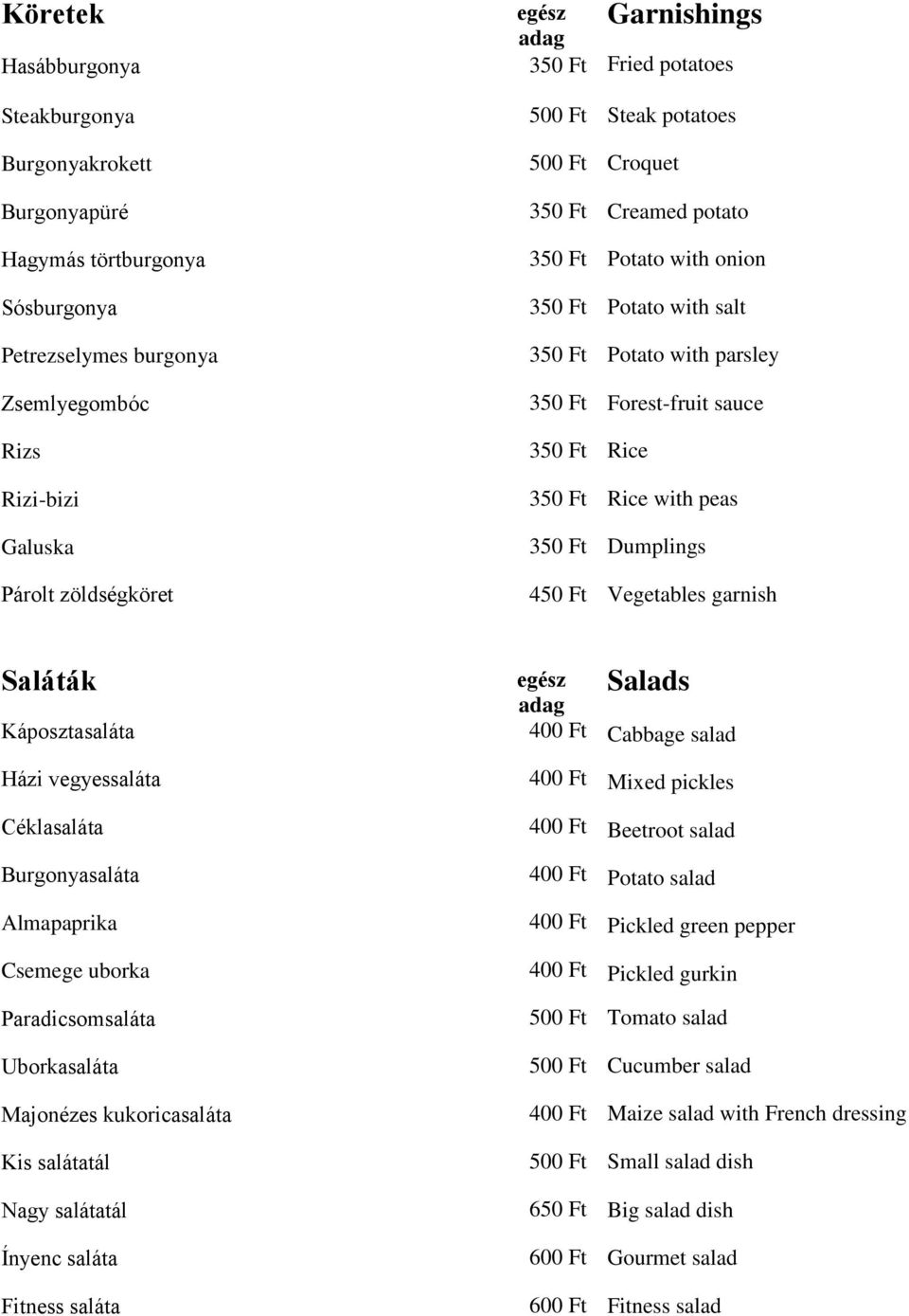 peas 350 Ft Dumplings 450 Ft Vegetables garnish Saláták Káposztasaláta Házi vegyessaláta Céklasaláta Burgonyasaláta Almapaprika Csemege uborka Paradicsomsaláta Uborkasaláta Majonézes kukoricasaláta