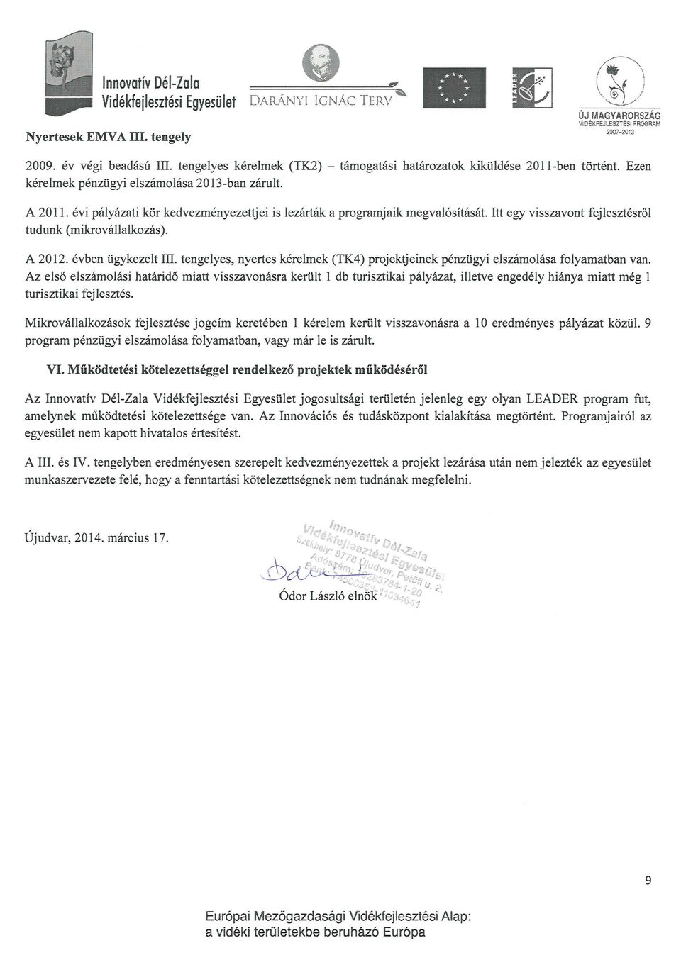 A 2012. evben Ugykezelt III. tengelyes, nyertes kerelmek (TK4) projektjeinek penzligyi elszamolasa folyamatban van.