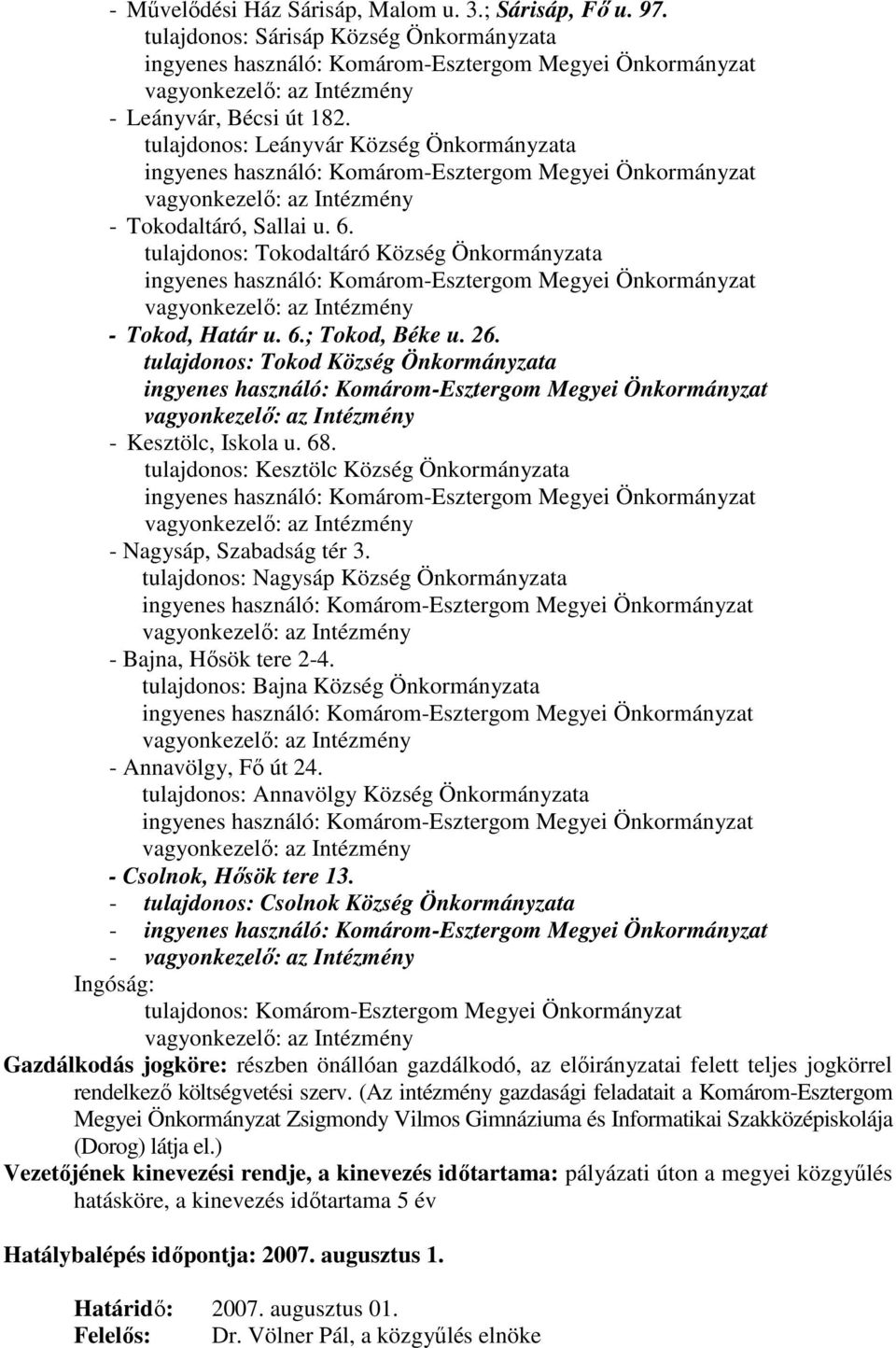 tulajdonos: Kesztölc Község Önkormányzata - Nagysáp, Szabadság tér 3. tulajdonos: Nagysáp Község Önkormányzata - Bajna, Hısök tere 2-4. tulajdonos: Bajna Község Önkormányzata - Annavölgy, Fı út 24.